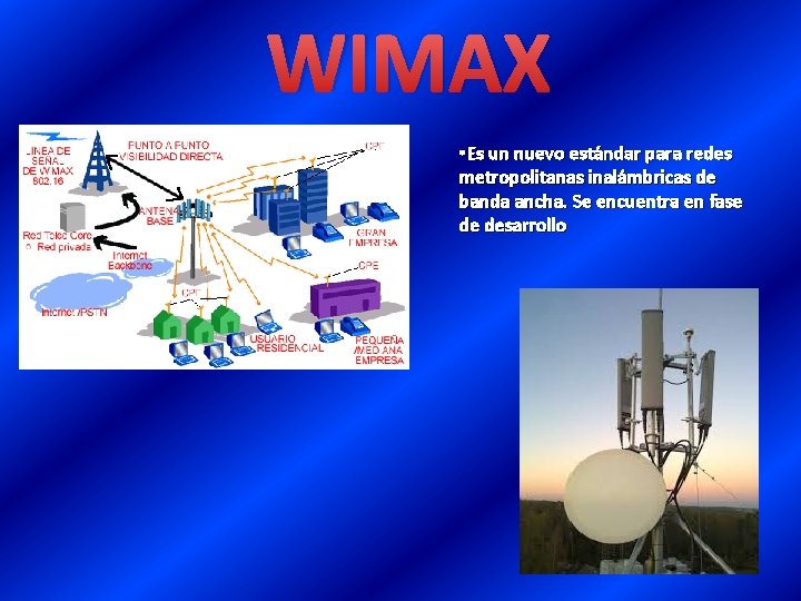 WIMAX • Es un nuevo estándar para redes metropolitanas inalámbricas de banda ancha. Se