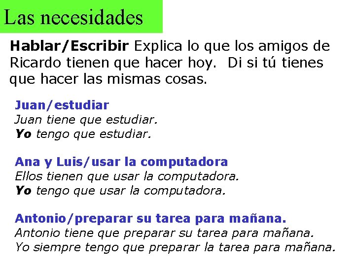 Las necesidades Hablar/Escribir Explica lo que los amigos de Ricardo tienen que hacer hoy.