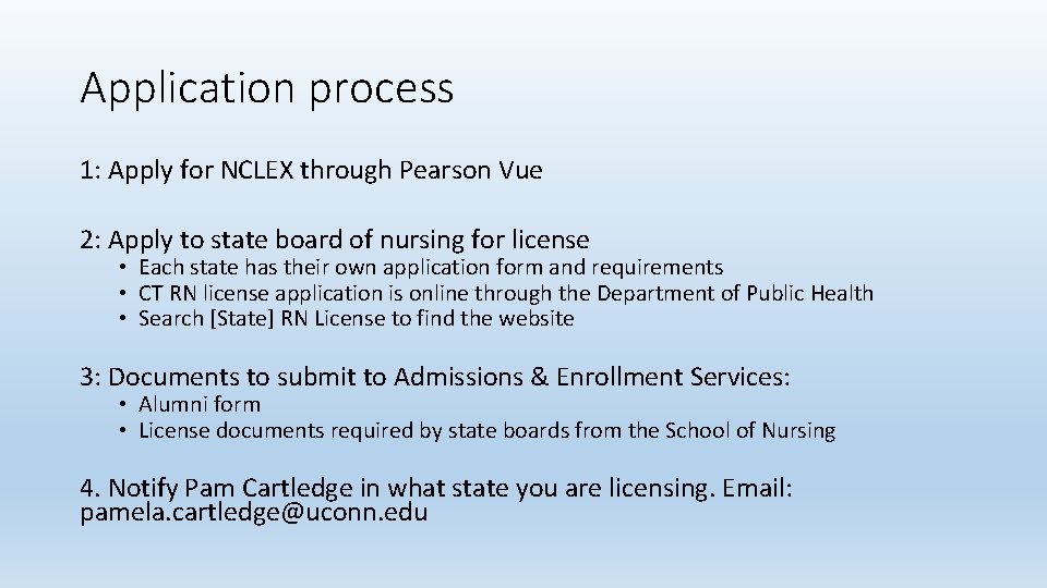 Application process 1: Apply for NCLEX through Pearson Vue 2: Apply to state board