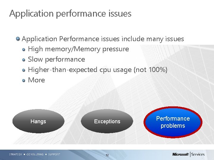 Application performance issues Application Performance issues include many issues High memory/Memory pressure Slow performance