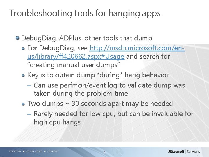 Troubleshooting tools for hanging apps Debug. Diag, ADPlus, other tools that dump For Debug.