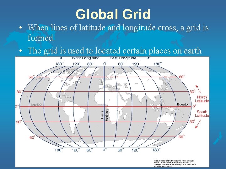 Global Grid • When lines of latitude and longitude cross, a grid is formed.