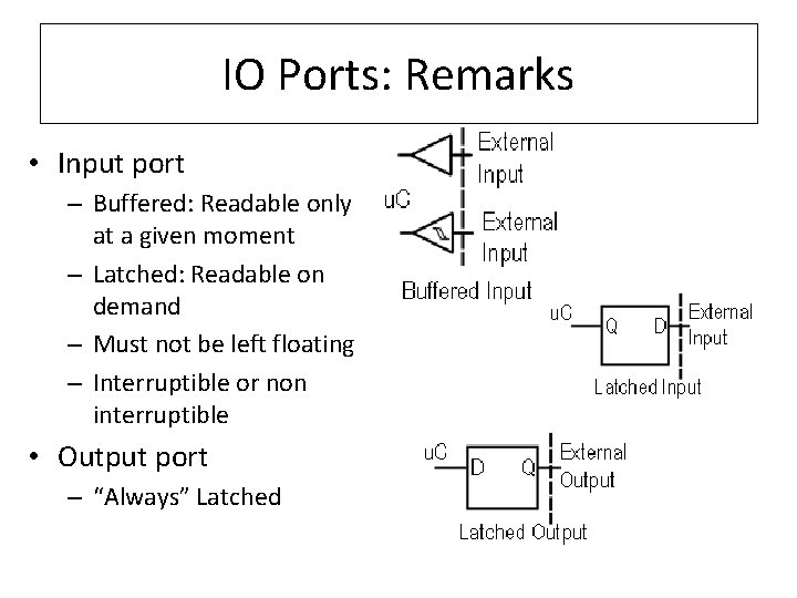 IO Ports: Remarks • Input port – Buffered: Readable only at a given moment