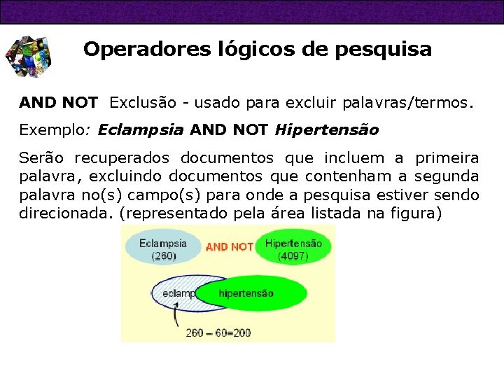 Operadores lógicos de pesquisa AND NOT Exclusão - usado para excluir palavras/termos. Exemplo: Eclampsia