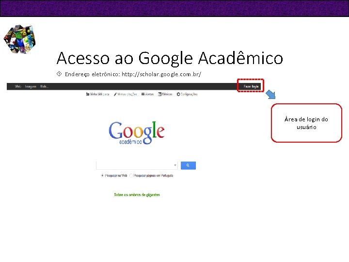 Acesso ao Google Acadêmico Endereço eletrônico: http: //scholar. google. com. br/ Área de login