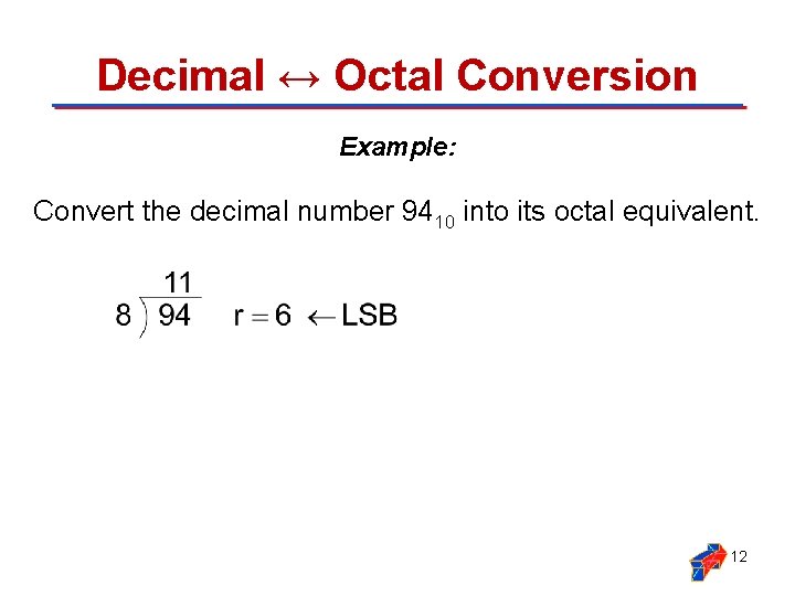 Decimal ↔ Octal Conversion Example: Convert the decimal number 9410 into its octal equivalent.