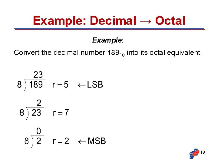 Example: Decimal → Octal Example: Convert the decimal number 18910 into its octal equivalent.