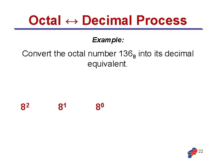 Octal ↔ Decimal Process Example: Convert the octal number 1368 into its decimal equivalent.