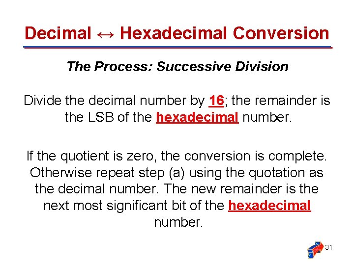 Decimal ↔ Hexadecimal Conversion The Process: Successive Division Divide the decimal number by 16;