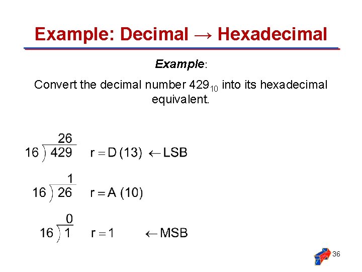 Example: Decimal → Hexadecimal Example: Convert the decimal number 42910 into its hexadecimal equivalent.