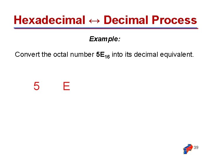 Hexadecimal ↔ Decimal Process Example: Convert the octal number 5 E 16 into its