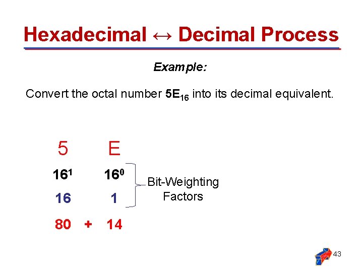 Hexadecimal ↔ Decimal Process Example: Convert the octal number 5 E 16 into its