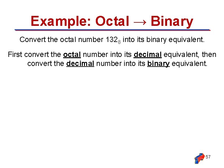 Example: Octal → Binary Convert the octal number 1328 into its binary equivalent. First