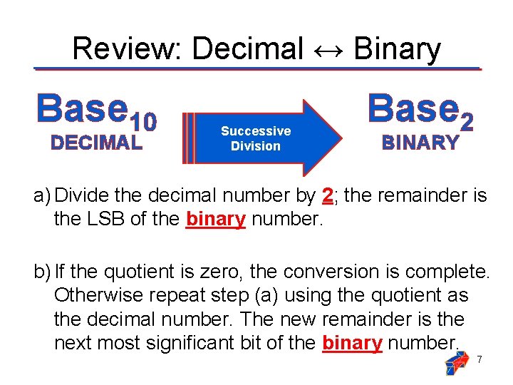 Review: Decimal ↔ Binary Base 10 DECIMAL Successive Division Base 2 BINARY a) Divide