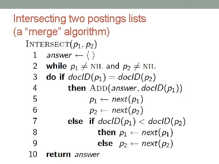 15 Intersecting two postings lists (a “merge” algorithm) 15 Intersecting two postings lists (a “merge” algorithm)
