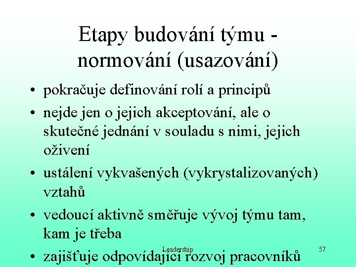 Etapy budování týmu normování (usazování) • pokračuje definování rolí a principů • nejde jen