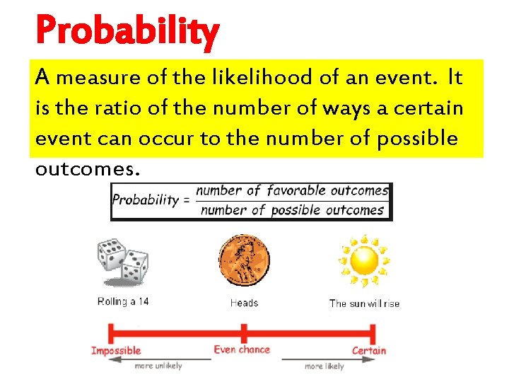 Probability A measure of the likelihood of an event. It is the ratio of