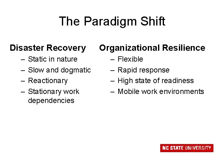 The Paradigm Shift Disaster Recovery – – Static in nature Slow and dogmatic Reactionary