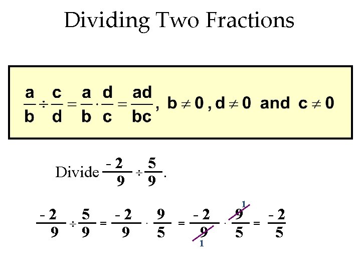 Dividing Two Fractions -2 Divide 9 -2 9 5 9 = -2 9 5.