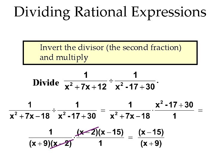 Dividing Rational Expressions Invert the divisor (the second fraction) and multiply Divide 