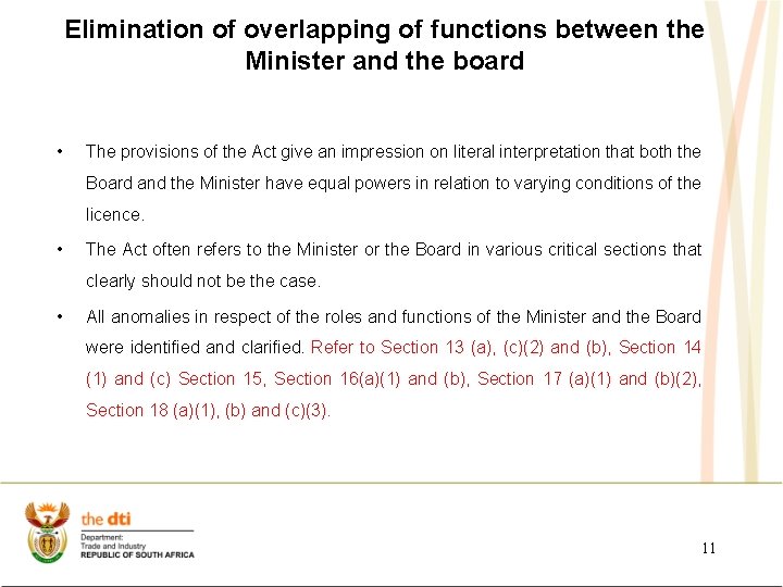 Elimination of overlapping of functions between the Minister and the board • The provisions