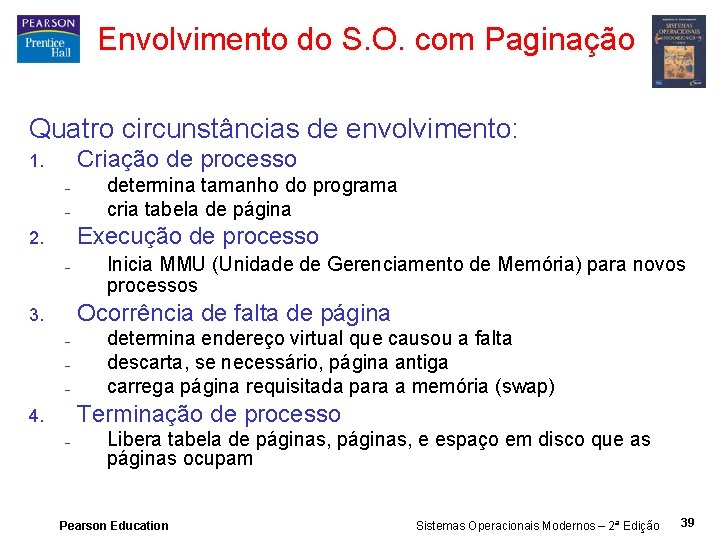 Envolvimento do S. O. com Paginação Quatro circunstâncias de envolvimento: Criação de processo 1.