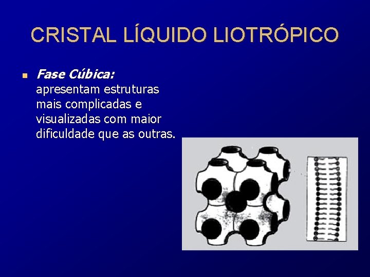 CRISTAL LÍQUIDO LIOTRÓPICO n Fase Cúbica: apresentam estruturas mais complicadas e visualizadas com maior