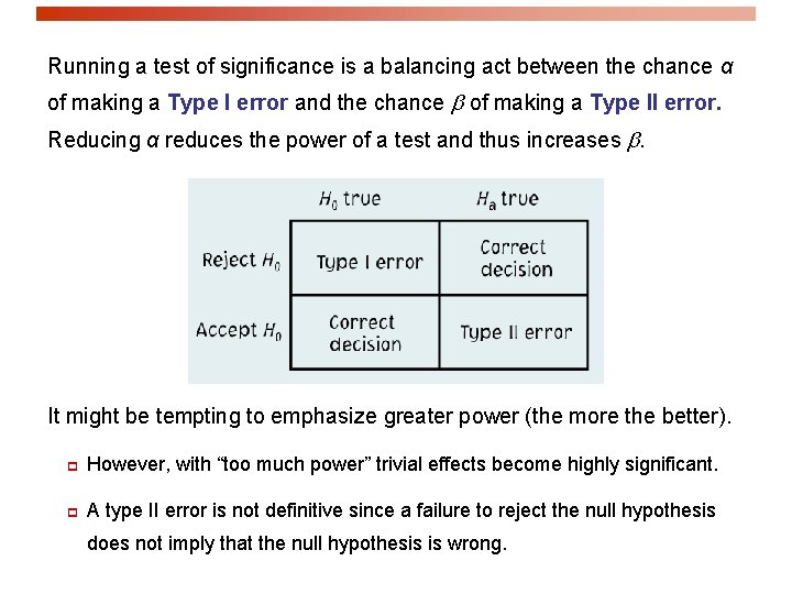Running a test of significance is a balancing act between the chance α of