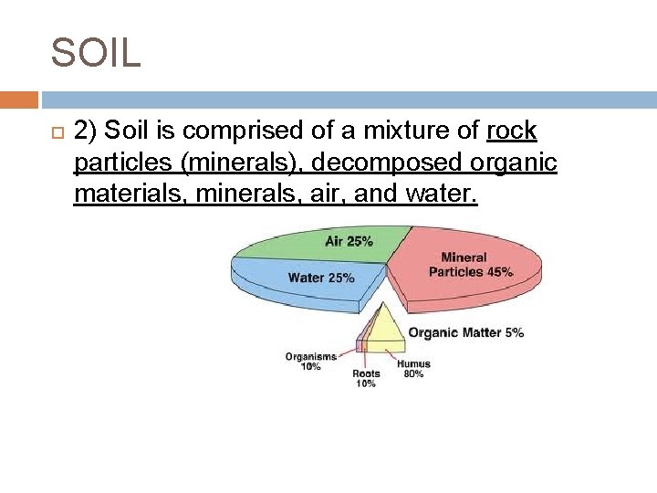 SOIL 2) Soil is comprised of a mixture of rock particles (minerals), decomposed organic