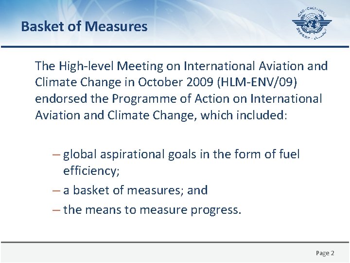 Basket of Measures The High-level Meeting on International Aviation and Climate Change in October