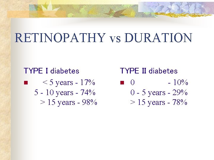 RETINOPATHY vs DURATION TYPE I diabetes n < 5 years - 17% 5 -