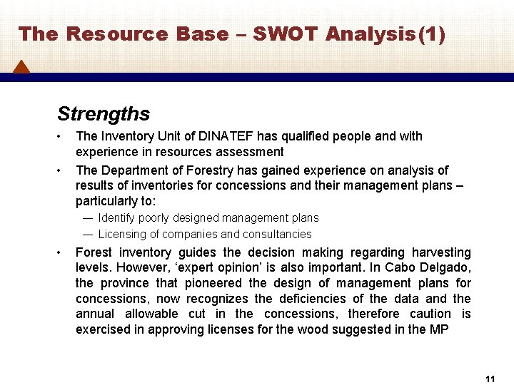 The Resource Base – SWOT Analysis(1) Strengths • • The Inventory Unit of DINATEF