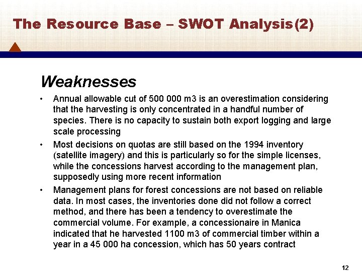 The Resource Base – SWOT Analysis(2) Weaknesses • • • Annual allowable cut of