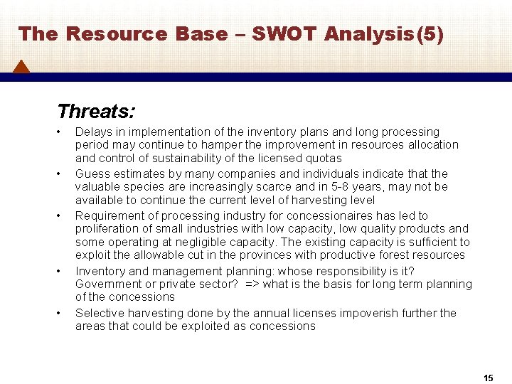 The Resource Base – SWOT Analysis(5) Threats: • • • Delays in implementation of