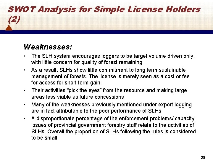 SWOT Analysis for Simple License Holders (2) Weaknesses: • • • The SLH system