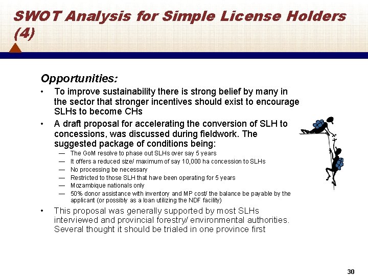 SWOT Analysis for Simple License Holders (4) Opportunities: • • To improve sustainability there