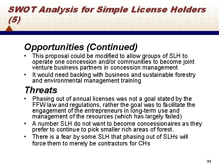 SWOT Analysis for Simple License Holders (5) Opportunities (Continued) • This proposal could be