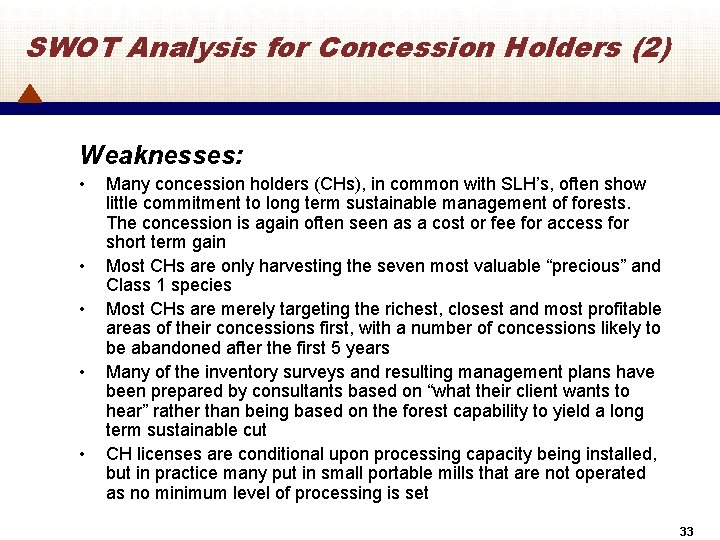 SWOT Analysis for Concession Holders (2) Weaknesses: • • • Many concession holders (CHs),