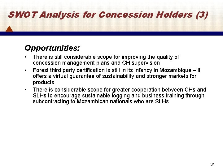 SWOT Analysis for Concession Holders (3) Opportunities: • • • There is still considerable