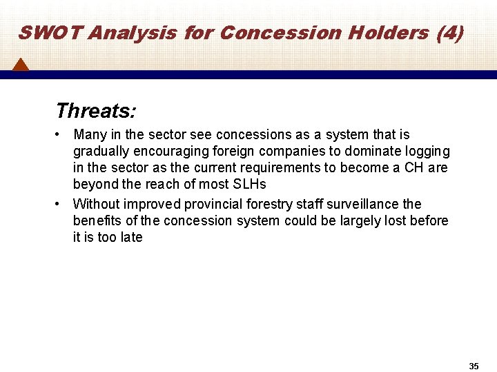 SWOT Analysis for Concession Holders (4) Threats: • Many in the sector see concessions