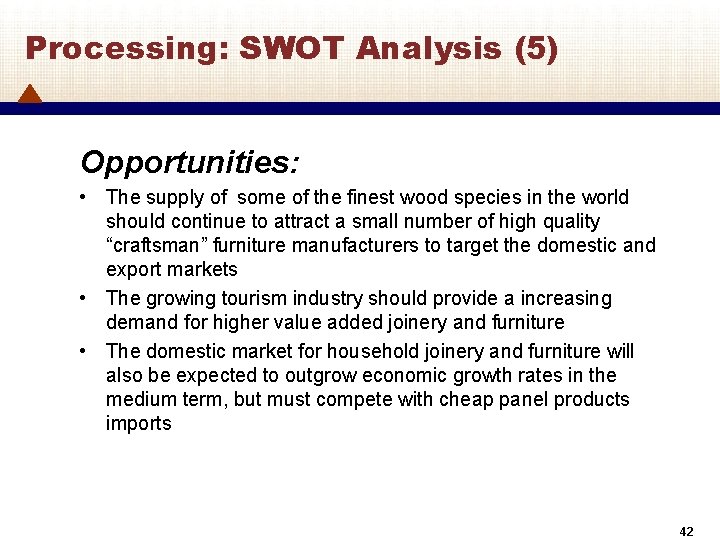 Processing: SWOT Analysis (5) Opportunities: • The supply of some of the finest wood