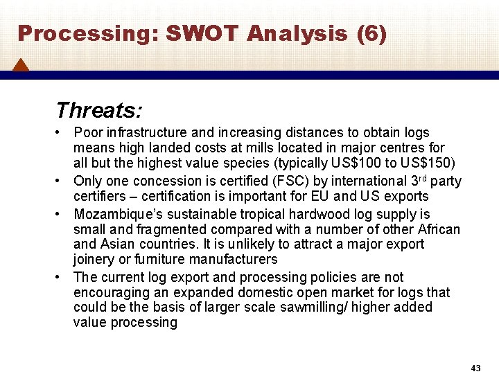 Processing: SWOT Analysis (6) Threats: • Poor infrastructure and increasing distances to obtain logs