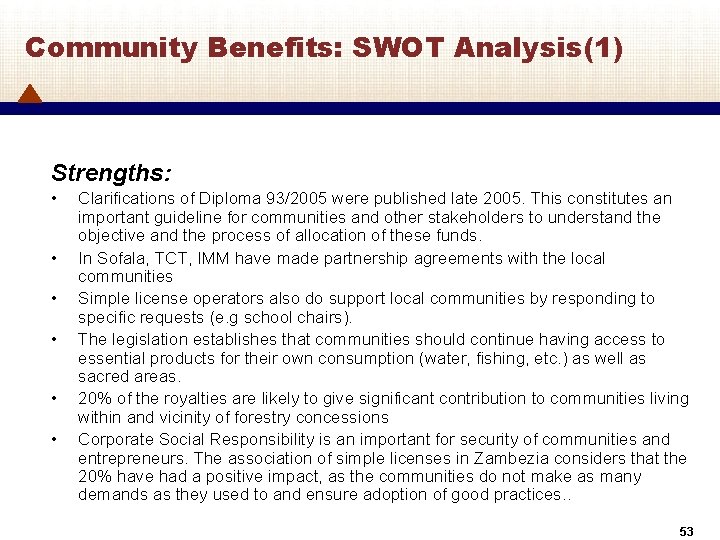 Community Benefits: SWOT Analysis(1) Strengths: • • • Clarifications of Diploma 93/2005 were published