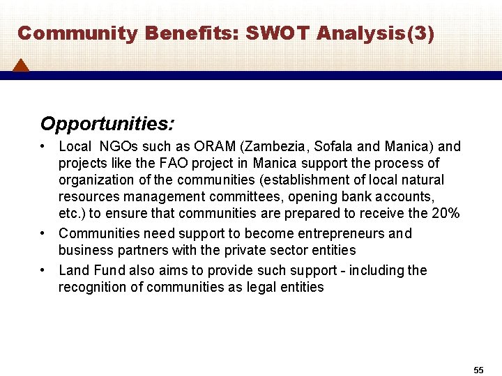 Community Benefits: SWOT Analysis(3) Opportunities: • Local NGOs such as ORAM (Zambezia, Sofala and