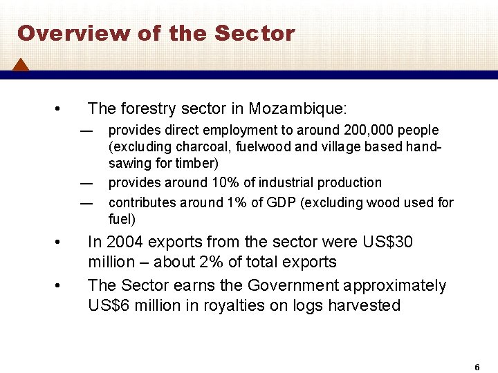 Overview of the Sector • The forestry sector in Mozambique: ― ― ― •