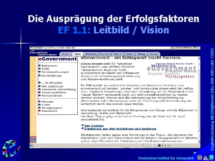 Begleitforschung MEDIA@Komm Difu~DIN~HBI-Ce. RI~TÜVi. T Die Ausprägung der Erfolgsfaktoren EF 1. 1: Leitbild /