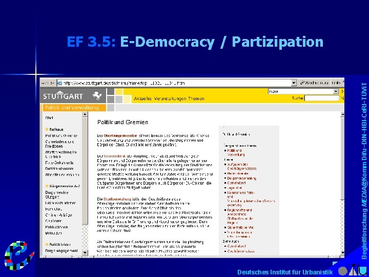 Begleitforschung MEDIA@Komm Difu~DIN~HBI-Ce. RI~TÜVi. T EF 3. 5: E-Democracy / Partizipation Deutsches Institut für