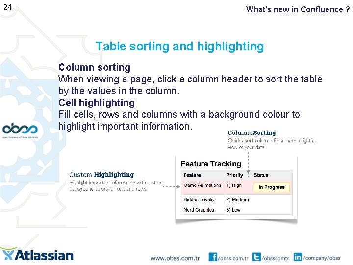 24 What's new in Confluence ? Table sorting and highlighting Column sorting When viewing