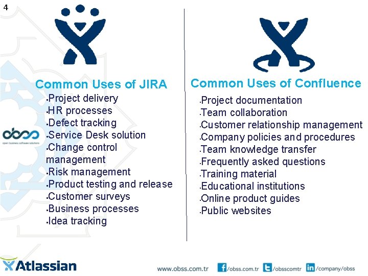 4 Common Uses of JIRA Project delivery §HR processes §Defect tracking §Service Desk solution