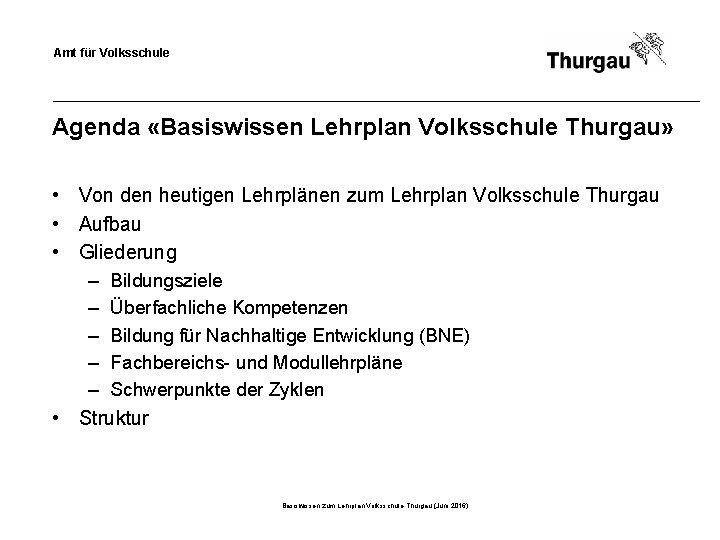 Amt für Volksschule Agenda «Basiswissen Lehrplan Volksschule Thurgau» • Von den heutigen Lehrplänen zum